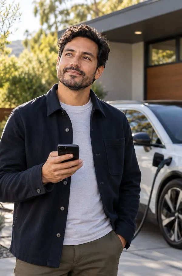 Daniel standing in his driveway with his phone, his electric car charging behind him