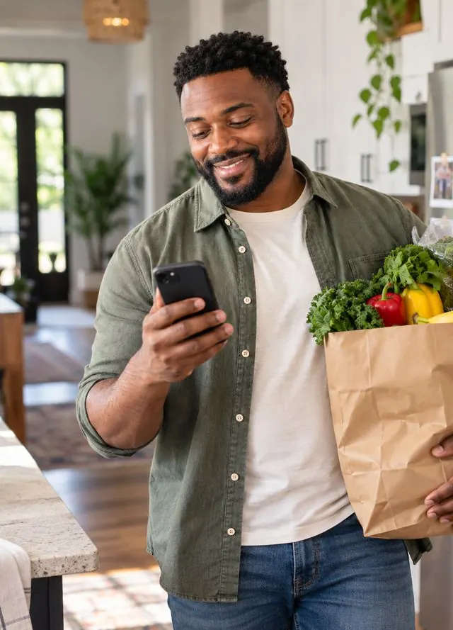 Marcus in his kitchen holding a bag of groceries and checking his phone