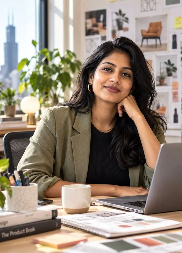 Priya at her desk in a design studio, with the Chicago skyline behind her