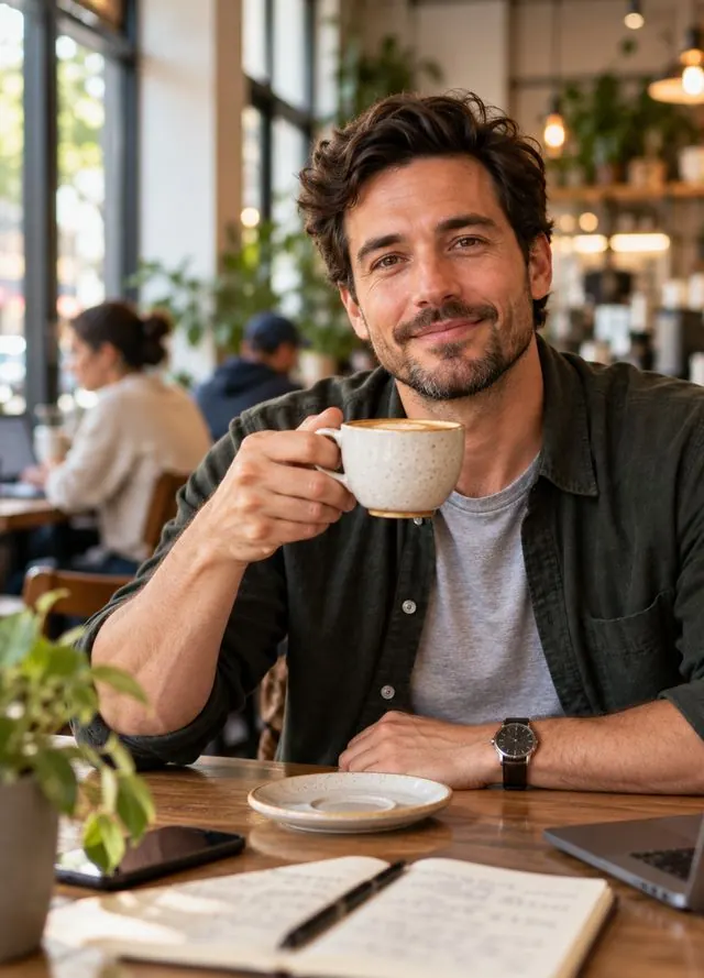 Sam in a café holding a cup of coffee, with his laptop and notebook